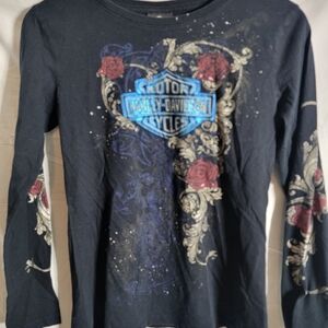 Harley-Davidson Black Long Sleeve with Blue Logo and Red Rose Accents